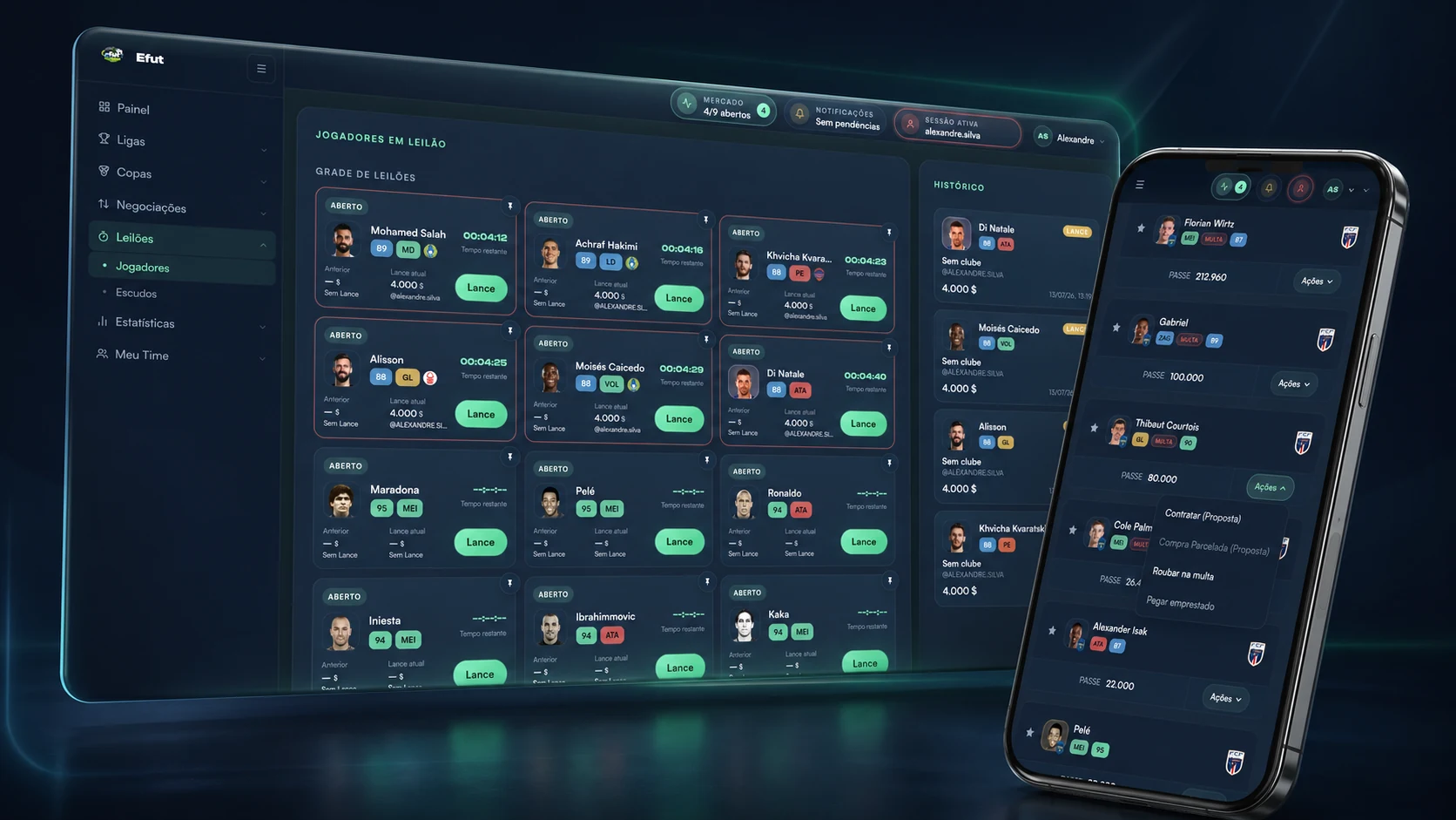 Mercado de transferências e leilões do Gramados Virtuais exibido no computador e no celular