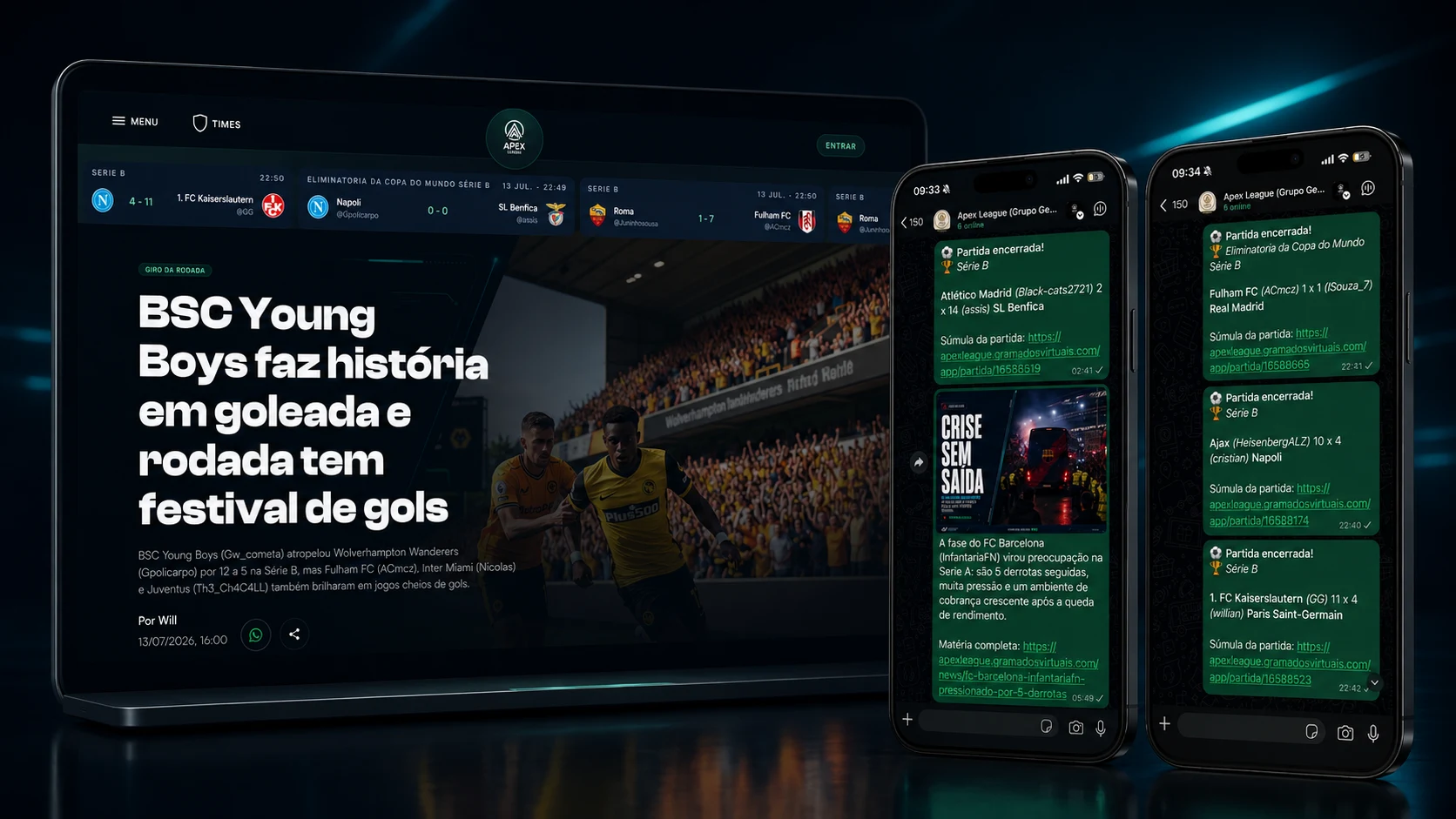 Notícias da liga e comunicados automáticos do Gramados Virtuais exibidos no computador e no WhatsApp